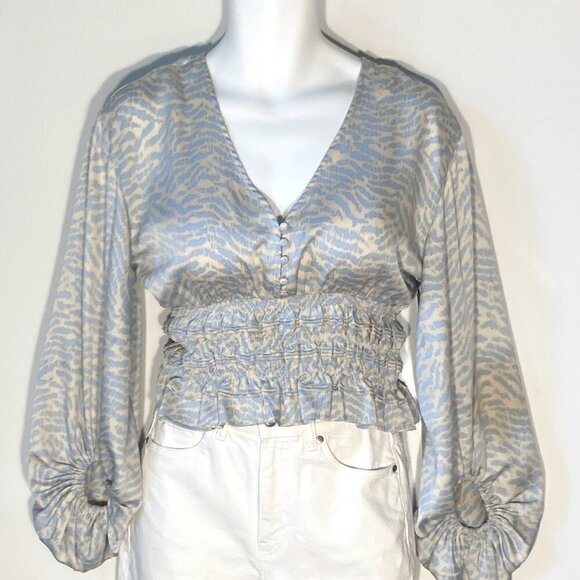 Fate SZ S Silky baby blue & Ivory  button front gathered waist puff sleeve top - Picture 3 of 9